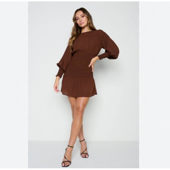 PRETTY LAVISH LUCILLE MINI SHIRRED DRESS IN BROWN - 6 - Picture 1 of 11